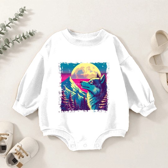 Retro Wolf Gazing at the Moon Baby Romper Sweatshirts