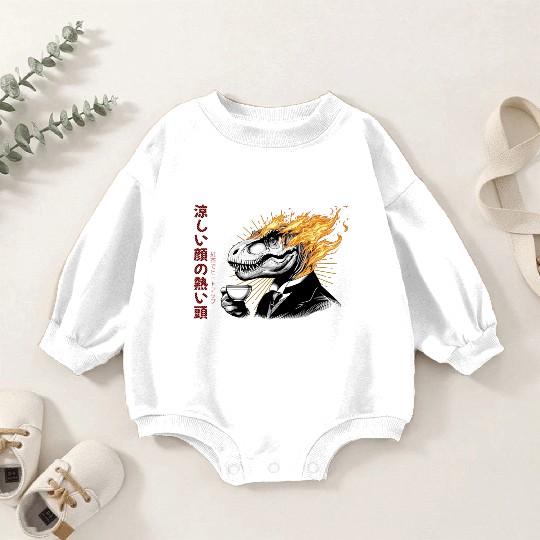 Hot Tea Time with a Japanese T-Rex - Fiery Sip Tea Baby Romper Sweatshirts