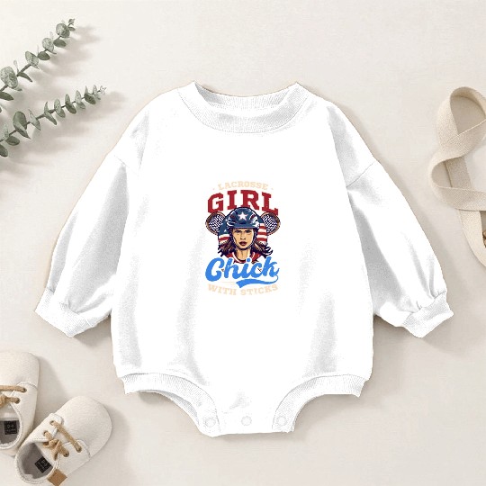 4th Of July Lacrosse Lacrosse Girl Chick With Stic Baby Romper Sweatshirts