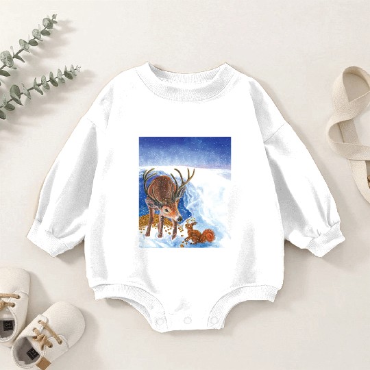 Red Deer and Squirrel in Winter Illustration Baby Romper Sweatshirts