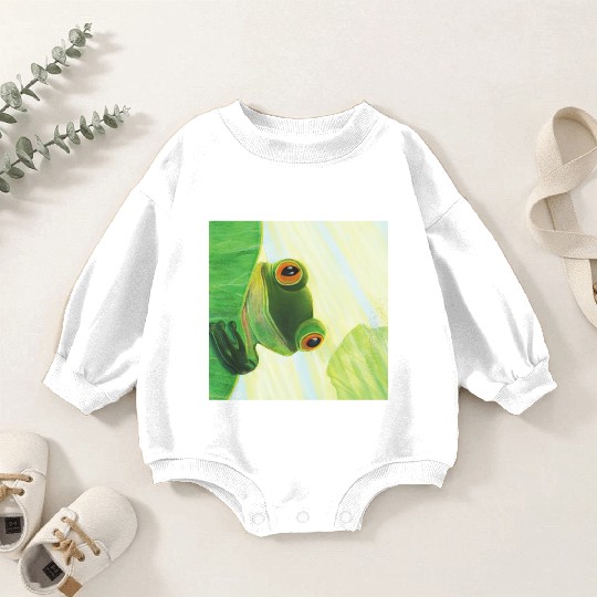 Cute Green Frog Peeping out From Behind Lily Pad Baby Romper Sweatshirts
