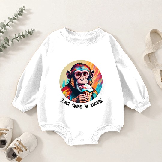 Monkey eating ice cream with a big smile Baby Romper Sweatshirts