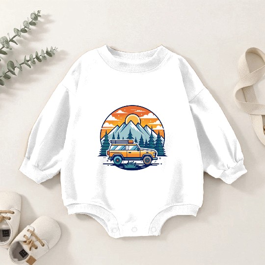 Camper Van parked Lake with Mountains Baby Romper Sweatshirts