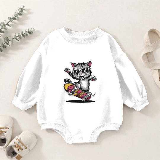 Cat Wearing Sunglasses Riding Skateboard Baby Romper Sweatshirts