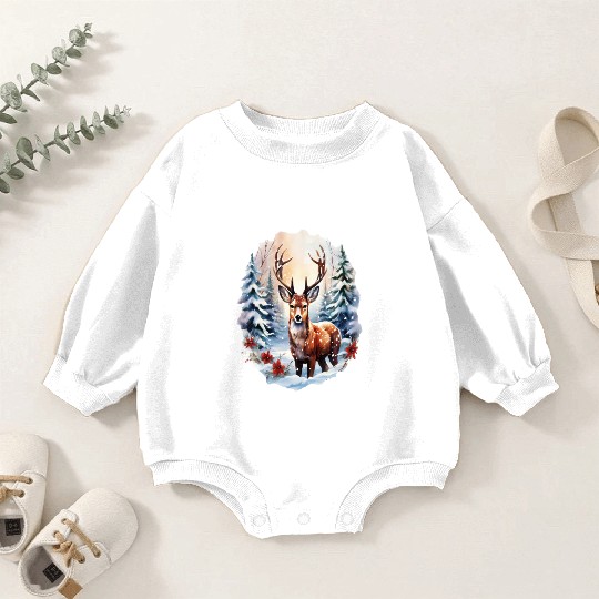 Christmas Deer with Poinsettia and Snow Baby Romper Sweatshirts