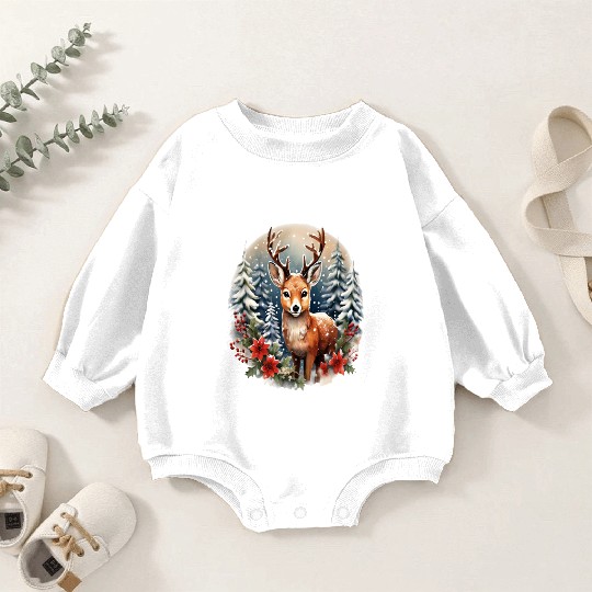 Christmas Deer with Poinsettia and Snow Baby Romper Sweatshirts