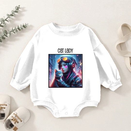 Cat Lady (Cyberpunk) Street Art v3 Baby Romper Sweatshirts