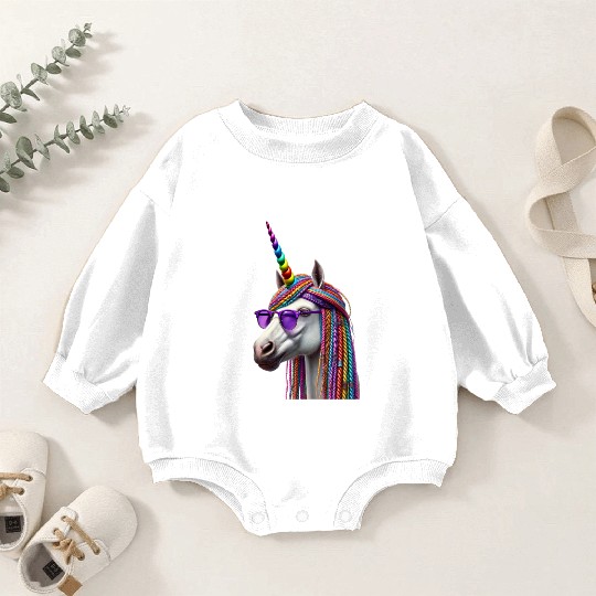 Rainbow Unicorn with Braids and Sunglasses Swag Baby Romper Sweatshirts