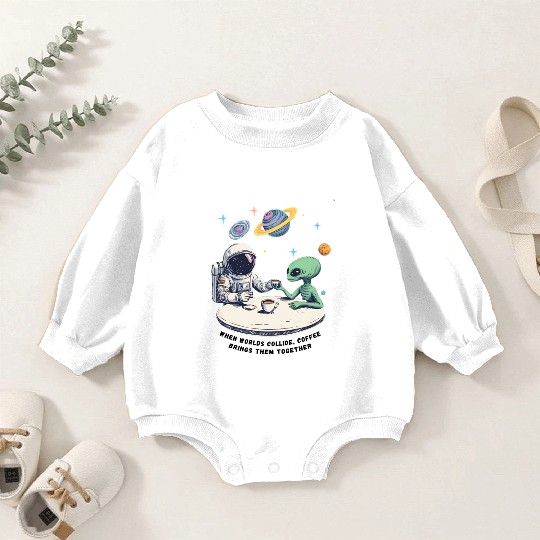 An astronaut, an alien and a cup of coffee Baby Romper Sweatshirts