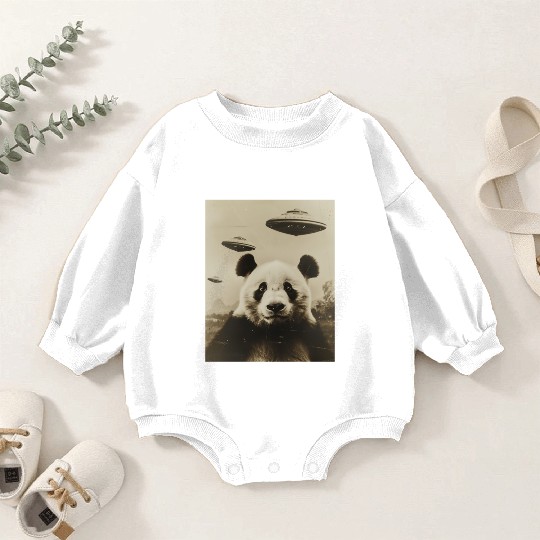 Vintage Funny Panda Selfie with UFOs Alien Baby Romper Sweatshirts