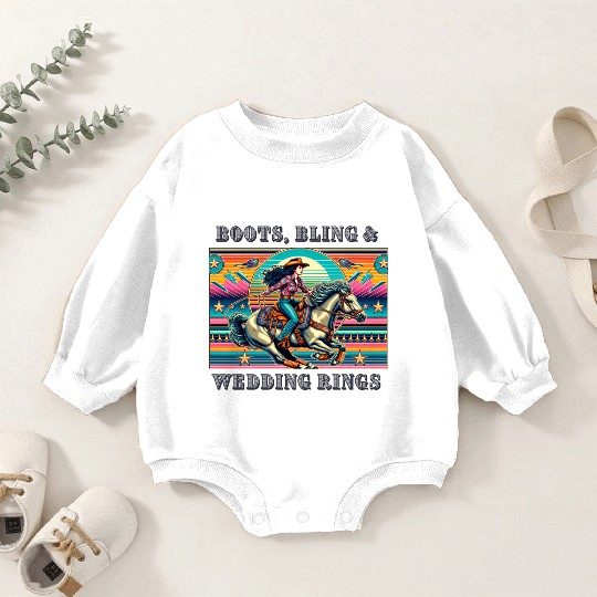 Retro 80's Cowgirl Rodeo | Boots, Bling, & Rings Baby Romper Sweatshirts