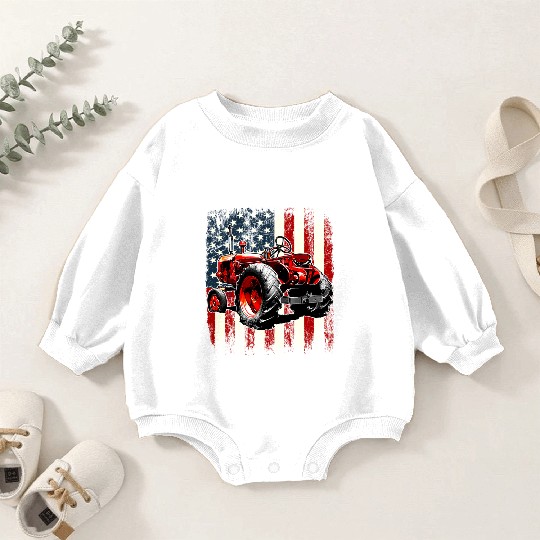 Patriotic Farmer Tractor USA Flag 4th Of July Baby Romper Sweatshirts