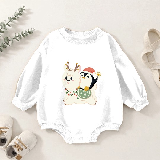 Alpaca and penguin celebrate Christmas Baby Romper Sweatshirts
