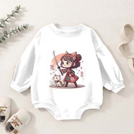 Adorable Anime Samurai Girl: Cat & Katana Design Baby Romper Sweatshirts