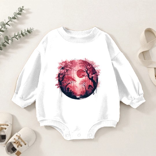 Serene Sakura Under Crimson Sun Baby Romper Sweatshirts