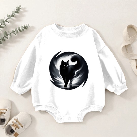 Mysterious and Elegant Black Cat Walking in Light Baby Romper Sweatshirts