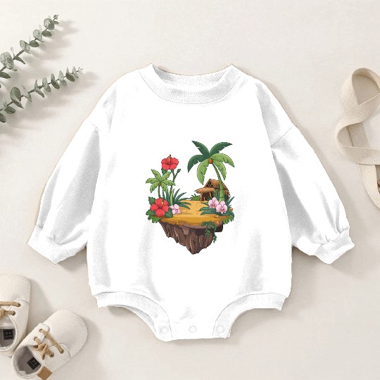 Tropical Island Hut Hibiscus and Orchids Baby Romper Sweatshirts
