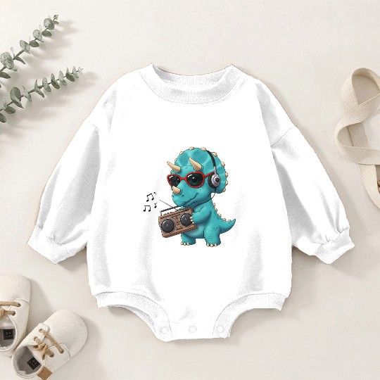 Dino cartoon triceratops listening to music Baby Romper Sweatshirts