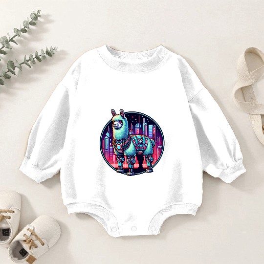 Futuristic Cyberpunk Llama in Neon Cityscape Baby Romper Sweatshirts