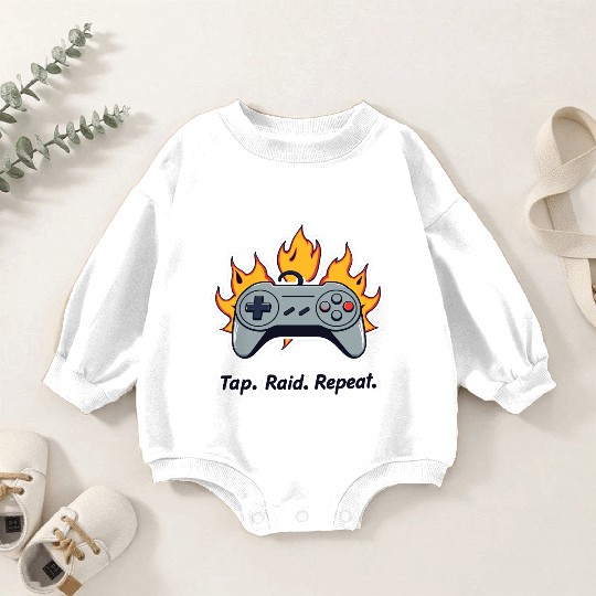 Tap. Raid. Repeat. – Retro Gamer Controller On Fir Baby Romper Sweatshirts