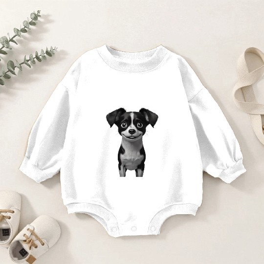 Happy Black and White Cartoon Dog with Big Eyes Baby Romper Sweatshirts