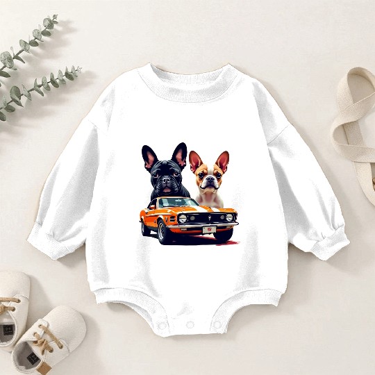 French Bulldogs with Classic Muscle Car – Retro Vi Baby Romper Sweatshirts