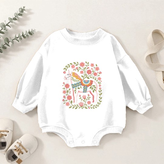 Swedish Spring Dala Horse Floral Art Baby Romper Sweatshirts