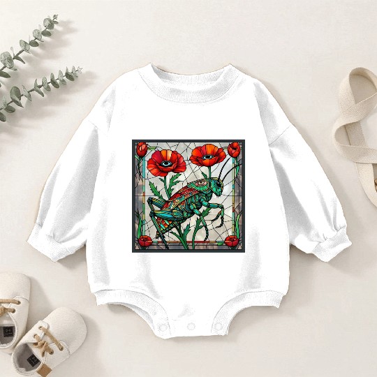 Grasshopper cricket stained glass poppy flower Baby Romper Sweatshirts