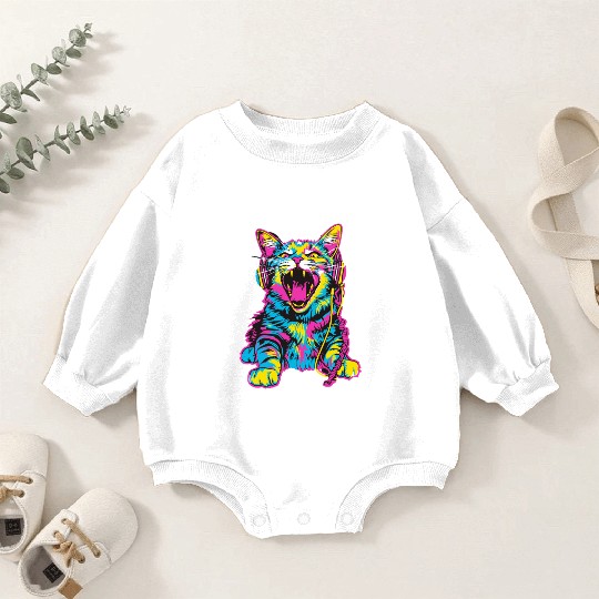 Psychedelic Cat with Headphones in Vibrant Colors Baby Romper Sweatshirts