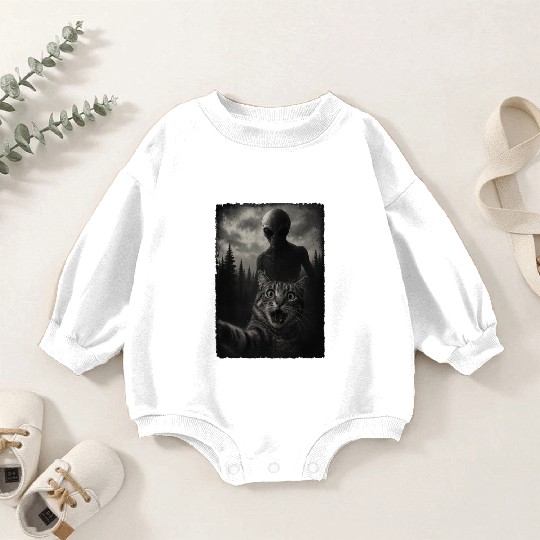 Alien Cat Selfie: Purr-fectly Spooky Encounter Baby Romper Sweatshirts