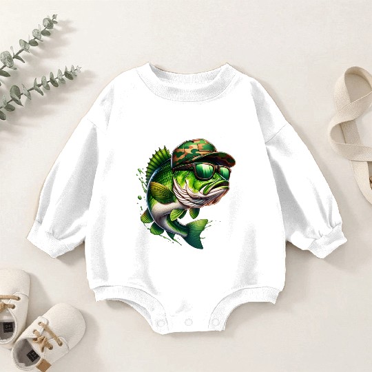 Camo Hat Bass Fish with Green Sunglasses Baby Romper Sweatshirts