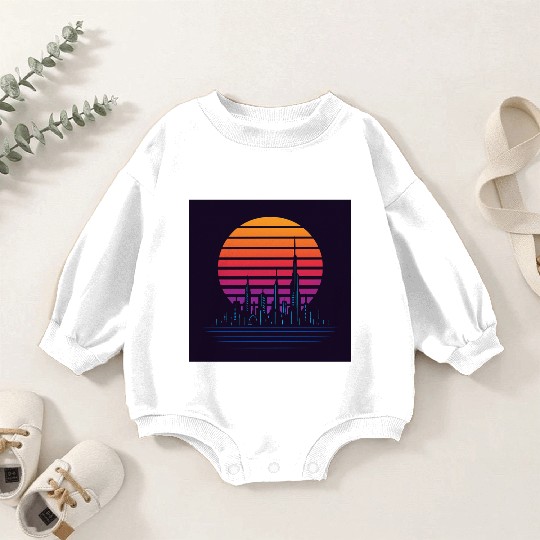 Retro Futuristic Skyline Sunset Design Baby Romper Sweatshirts