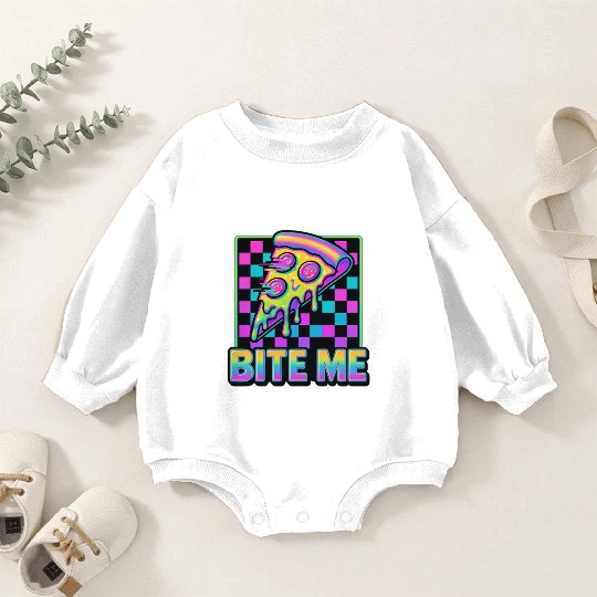 Bite Me – Y2K Glitch Pizza Neon Baby Romper Sweatshirts