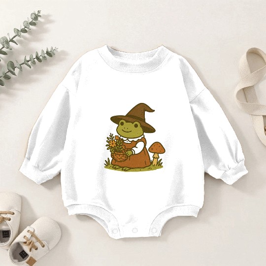 Enchanting Frog Witch with Mushroom and Flowers Baby Romper Sweatshirts