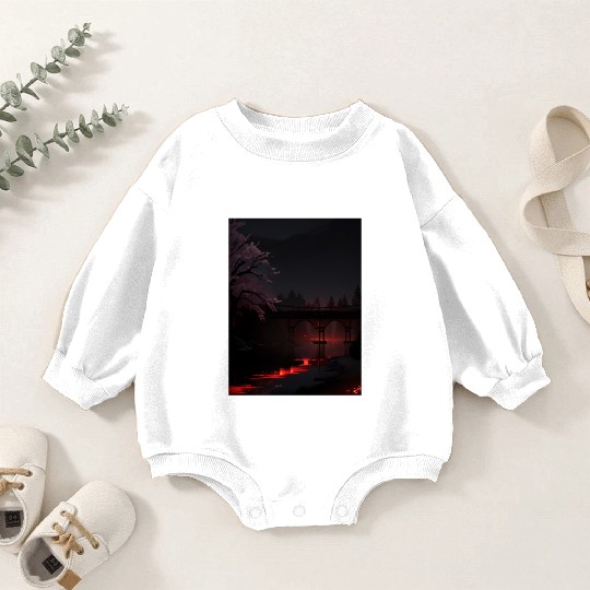 Nighttime Bridge and Cherry Blossom Scene Baby Romper Sweatshirts