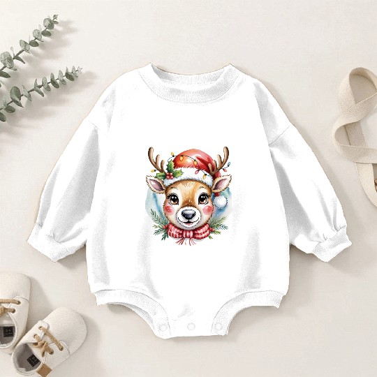 Cute Rudolph Reindeer Watercolor Christmas Art Baby Romper Sweatshirts
