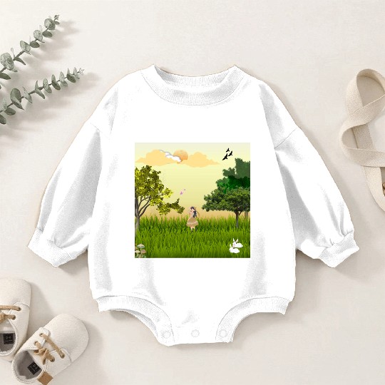 Serene Forest Girl with Bunny and Birds Baby Romper Sweatshirts