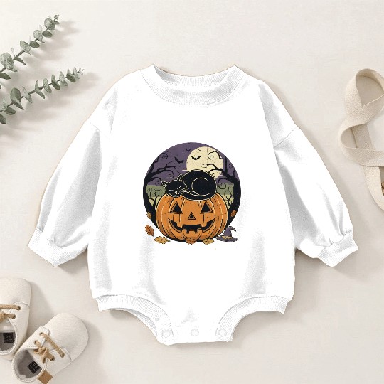 Spooky Cat Nap Pumpkin | Halloween Party Design Baby Romper Sweatshirts