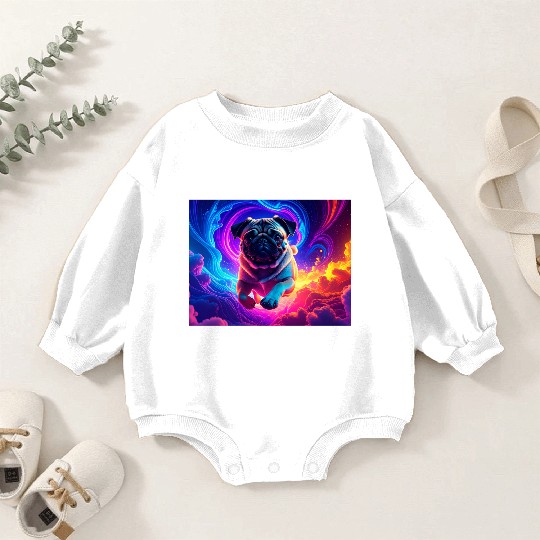 Colorful Pug Surrounded by Neon Swirls Baby Romper Sweatshirts