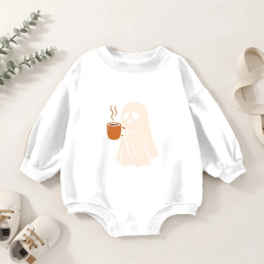 Spooky Ghost with Coffee Mug Design Baby Romper Sweatshirts