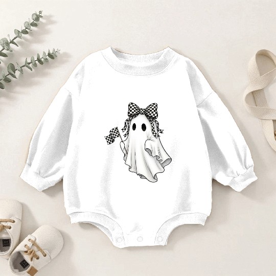 Ghost Boo Checkered Bow Race Day Racing Flag Racer Baby Romper Sweatshirts