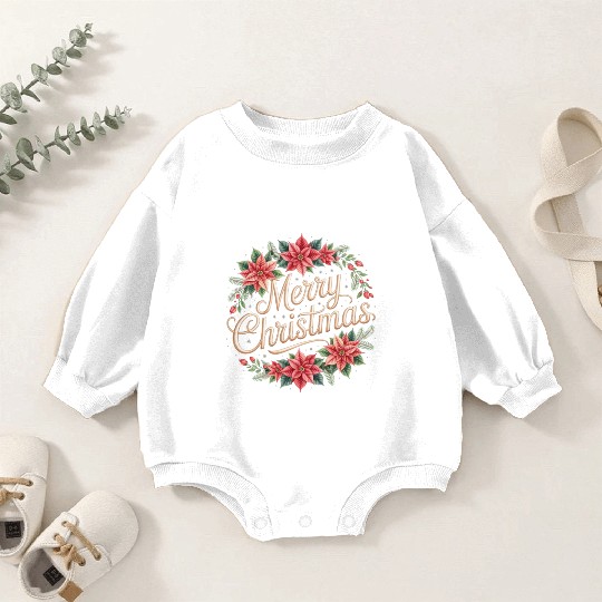 Elegant Poinsettia Wreath Merry Christmas Script Baby Romper Sweatshirts