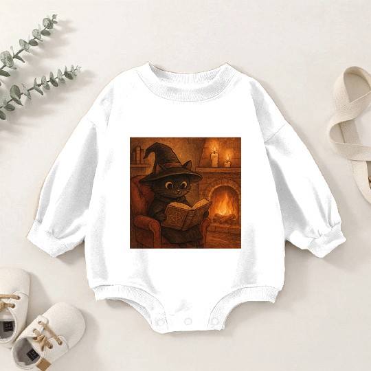 Enchanted Cat Witch by the Fireplace Baby Romper Sweatshirts