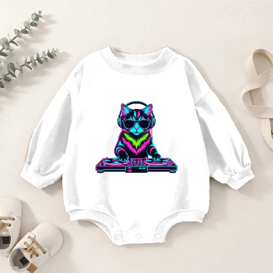 Cool DJ Cat – Neon Beats Vibe with Headphones Baby Romper Sweatshirts