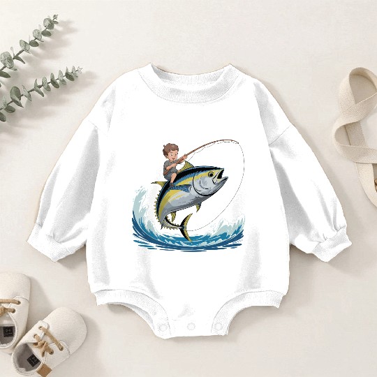 Joyful young boy rides massive jumping tuna Baby Romper Sweatshirts