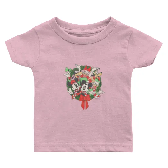 Vintage Disney Mickey and Friends Group Shot Christmas Wreath Retro Baby T Shirts