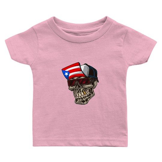 Cool Puerto Rico Skull With Cap and Boricua Flag Baby T Shirts