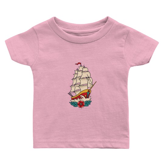 Traditional Tattoo Sailing Ship Colorful Baby T Shirts