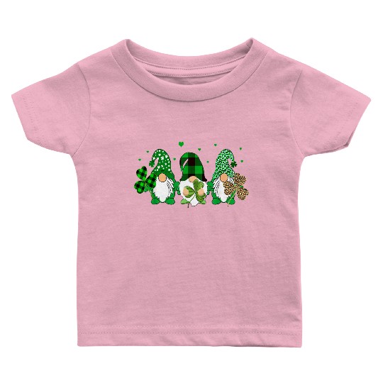 Three Gnomes Holding Shamrock Leopard Plaid Baby T Shirts