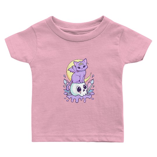 Pastel Goth Cute Creepy Witchy Cat and Skull Baby T Shirts